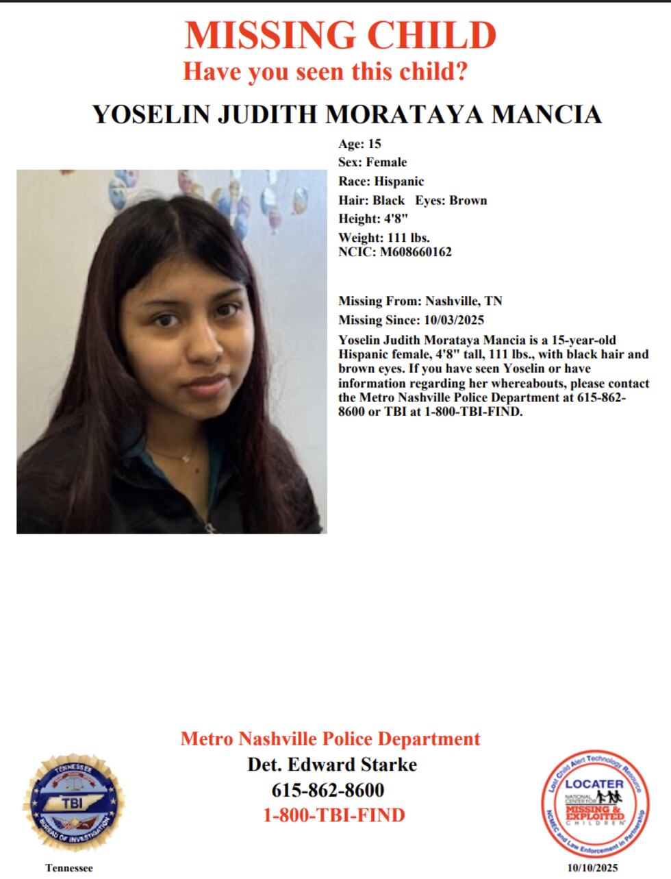 TBI elaboró una publicación en el 2025 en un intento por encontrar a la menor.