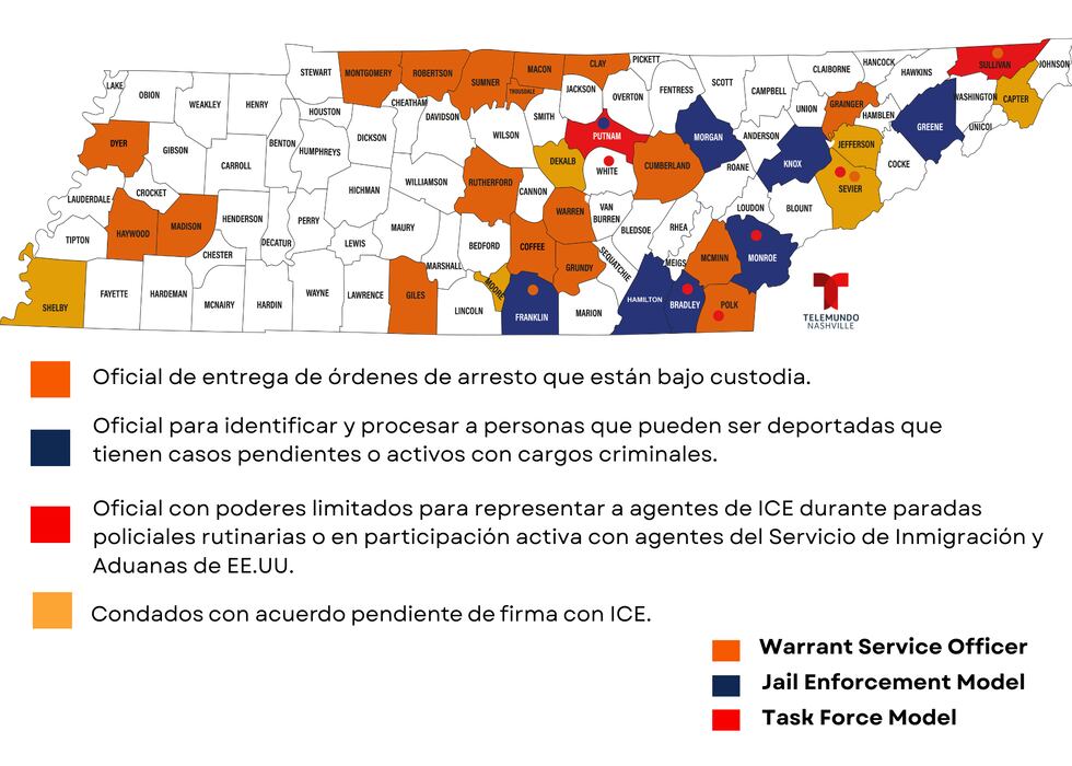 Mapa de Tennessee que refleja condados pariticipando en el programa 287(g) al 4 de noviembre...