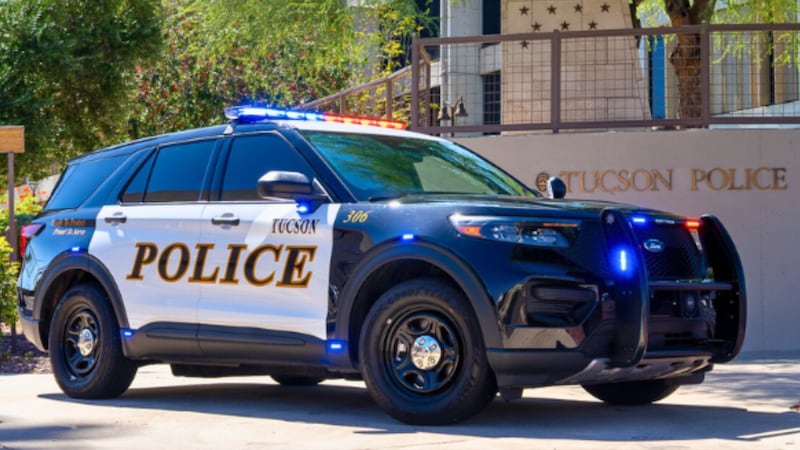 A Tucson police vehicle in front of the Tucson police department.