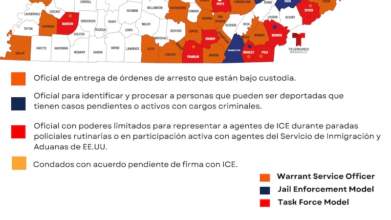 Condados trabajando con el programa 287(g) en Tennessee al 17 de enero del 2026.