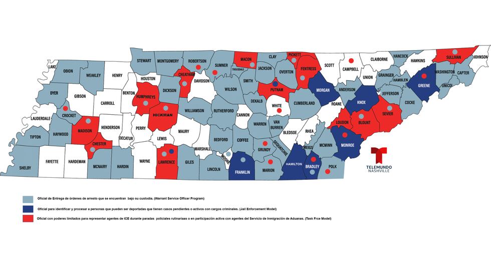 Condados en Tennessee operando bajo el modelo 287(g), según el sitio web de ICE al 1 de agosto...