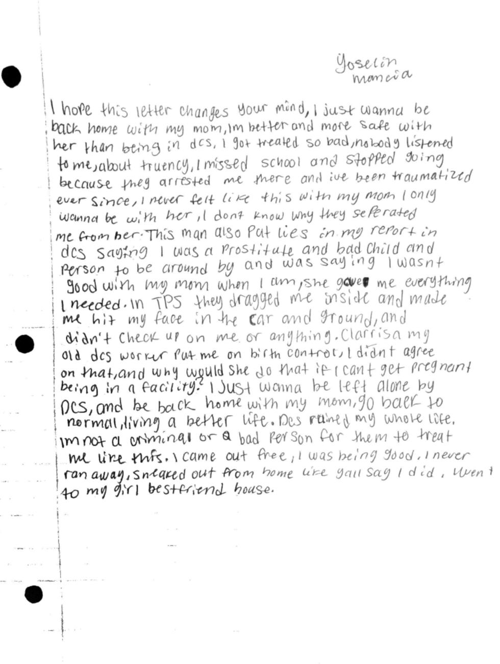 Carta de la menor donde denuncia abusos por parte del DCS, según se madre