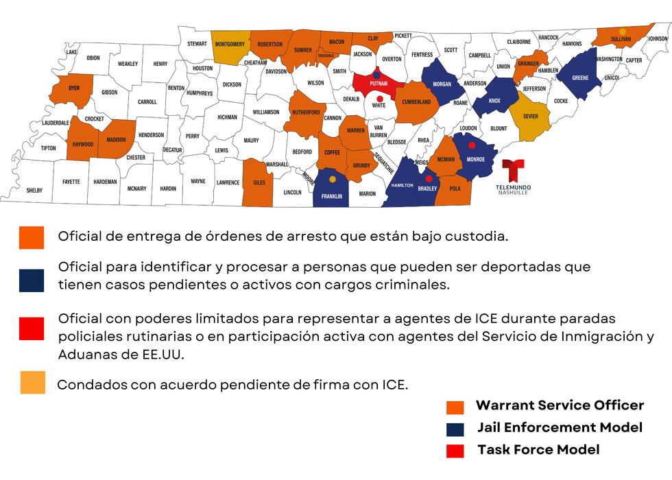 Condados en Tennessee con acuerdos bajo el programa 287(g) al 8 de octubre del 2025.