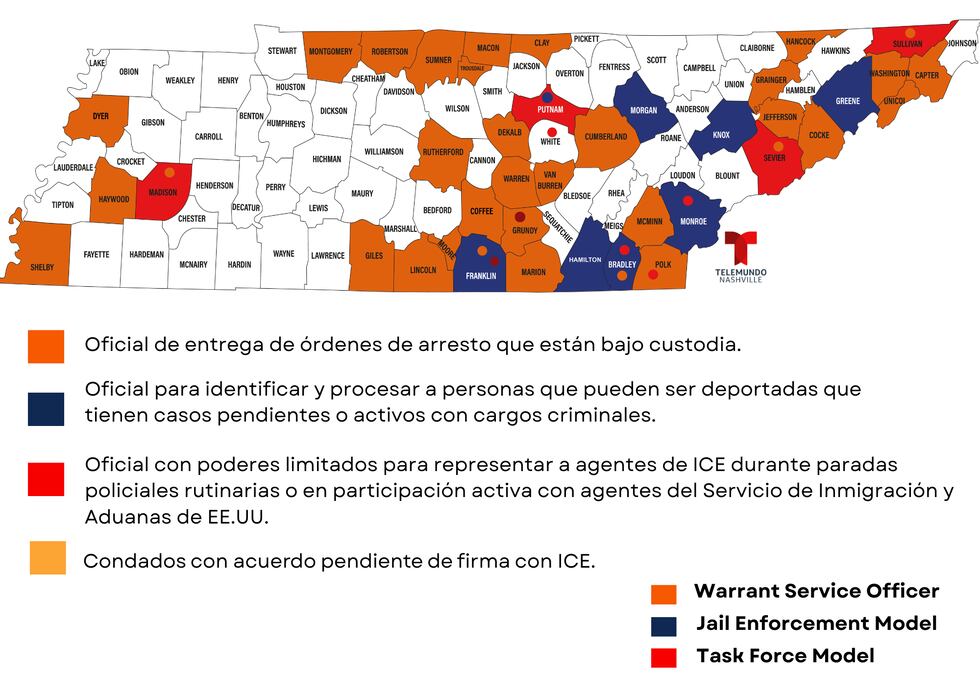 Condados en Tennessee operando bajo el modelo 287(g) con ICE al 4 de enero del 2026.