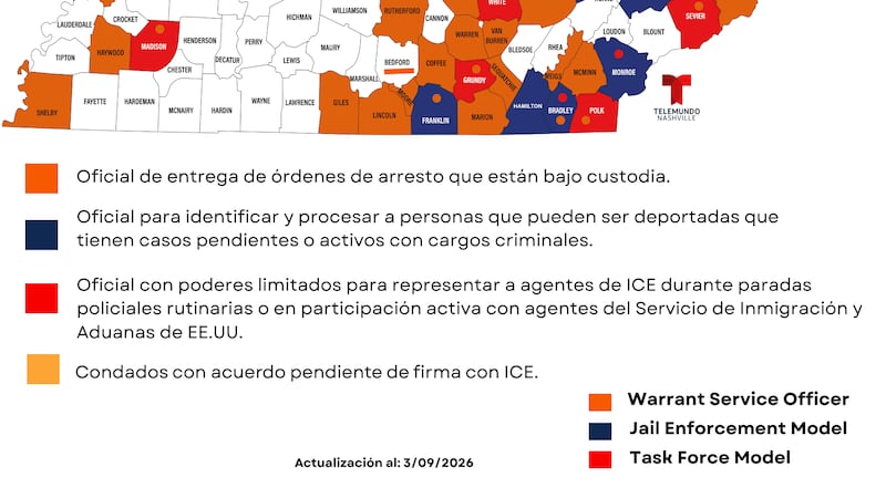 Condados en Tennessee que participan en el programa 287(g) al 9 de marzo del 2026